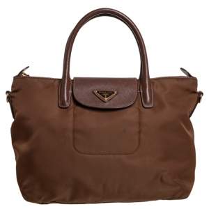 Pre Owned Prada Brown Tessuto Nylon and Saffiano Leather Zip Tote