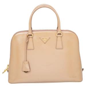 Pre Owned Prada Beige Saffiano Lux Patent Leather Large Promenade Satchel