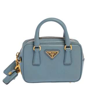 Pre Owned Prada Blue Saffiano Lux Leather Mini Bauletto Bag