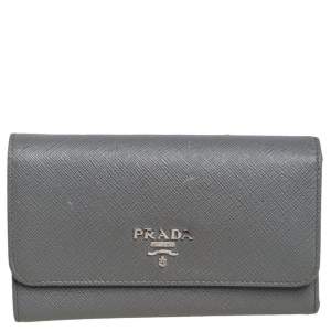 Pre Owned Prada Grey Saffiano Lux Leather Trifold Wallet