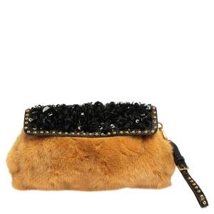 Pre Owned Prada Tan/Black Mink Fur and Leather Embellished Wristlet Clutch