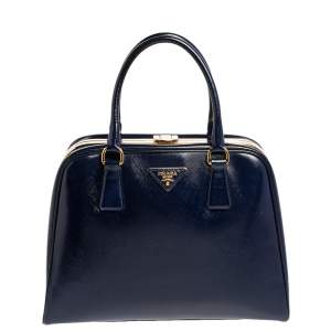 Pre Owned Prada Navy Blue Saffiano Vernice Leather Pyramid Frame Satchel 