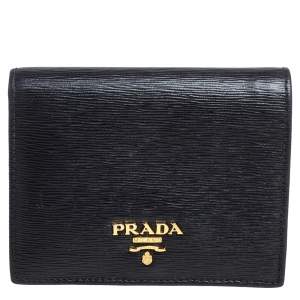 Pre Owned Prada Black Vitello Move Leather Logo Bifold Compact Wallet