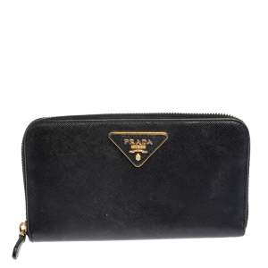 Pre Owned Prada Black Saffiano Lux Leather Zip Around Wallet