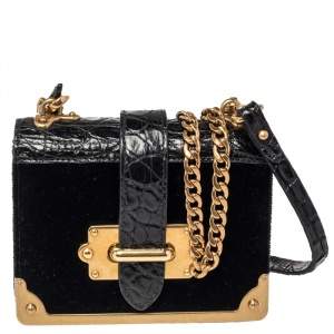 Pre Owned Prada Black Velvet and Croc Embossed Leather Micro Cahier Crossbody Bag