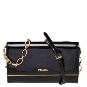 Pre Owned Prada Black Leather Flap Continental Wallet On Chain
