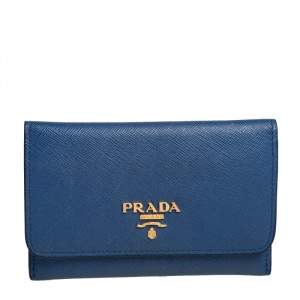 Pre Owned Prada Blue Saffiano Leather Flap Card Holder 