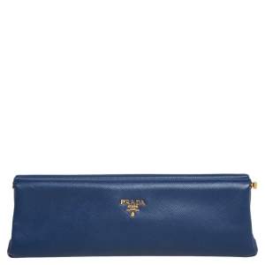 Pre Owned Prada Blue Saffiano Leather East-West Frame Clutch