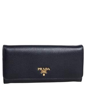 Pre Owned Prada Black Vitello Phenix Leather Flap Continental Wallet