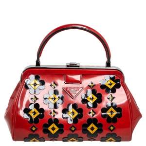 Pre Owned Prada Burnt Orange Patent Leather Floral Applique Frame Doctor Top Handle Bag