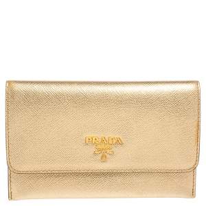 Pre Owned Prada Gold Saffiano Leather Flap Slim Wallet