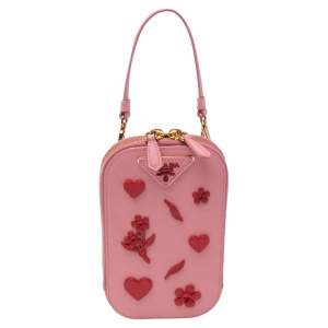 Pre Owned Prada Pink Saffiano Lux Leather Embellished Phone Crossbody Bag