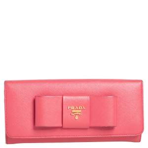 Pre Owned Prada Coral Orange Saffiano Leather Bow Continental Wallet