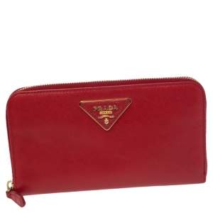 Pre Owned Prada Red Saffiano Leather Zip Around Wallet