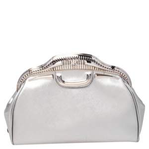 Pre Owned Prada Silver Saffiano Leather 50s Car Clutch
