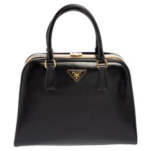 Pre Owned Prada Black Saffiano Vernice Leather Pyramid Frame Satchel