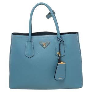 Pre Owned Prada Blue Saffiano Cuir Leather Double Handle Tote