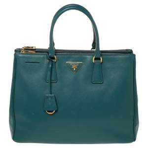 Pre Owned Prada Green Saffiano Lux Leather Large Double Zip Tote
