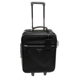 Prada Black Nylon and Saffiano Lux Leather Trolley Rolling Luggage