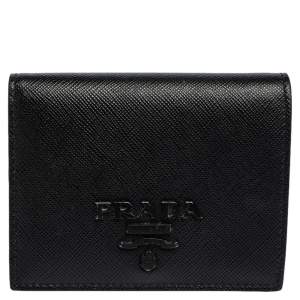 Pre Owned Prada Black Saffiano Leather Compact Wallet