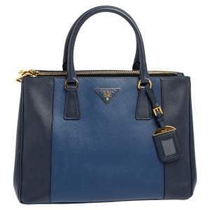 حقيبة يد توتس برادا جلد سافيانو لوكس أزرق ثنائي اللون متوسطة بسحاب مزدوج