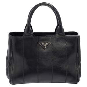 Pre Owned Prada Black Soft Calf Leather Vertical Stitched Tote