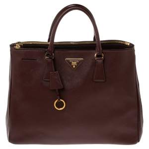 Pre Owned Prada Maroon Saffiano Lux Leather Large Double Zip Tote