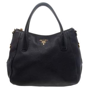 Pre Owned Prada Black Leather Vitello Daino Sacca 2 Manici Hobo