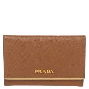 Pre Owned Prada Brown Saffiano Lux Leather Flap Card Holder