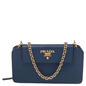 Pre Owned Prada Blue Saffiano Leather Metal Oral Phone Wallet On Chain