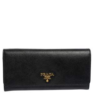 Pre Owned Prada Black Saffiano Leather Flap Continental Wallet