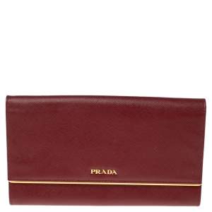 Prada Red Saffiano Lux Leather Metal Bar Flap Continental Wallet
