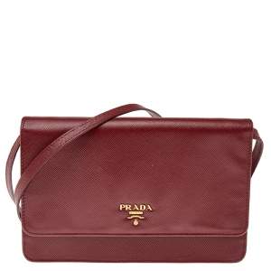 Pre Owned Prada Red Saffiano Leather Flap Crossbody Bag