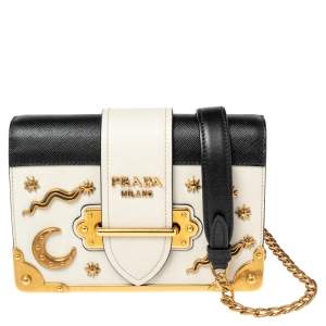 Pre Owned Prada Black/Off White Saffiano Leather Astrology Celestial Cahier Crossbody Bag      