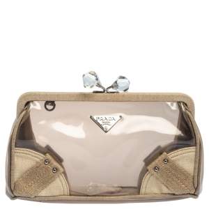 Pre Owned Prada Beige Canvas and PVC Kisslock Clutch