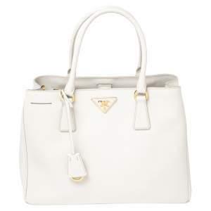 Pre Owned Prada White Saffiano Lux Leather Medium Open Tote