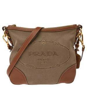 Pre Owned Prada Brown Canvas And Leather Canapa Logo Shoulder Bag