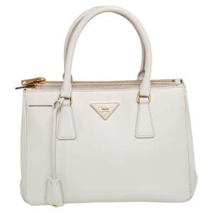 Pre Owned Prada White Saffiano Lux Leather Small Galleria Double Zip Tote