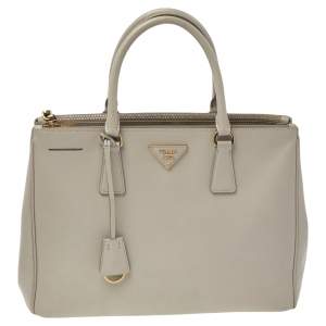 Pre Owned Prada Taupe Saffiano Lux Leather Medium Double Zip Tote