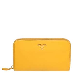 Pre Owned Prada Mustard Saffiano Lux Leather Zip Around Continental Wallet