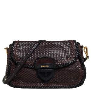 Pre Owned Prada Dark Brown/Black Woven Madras Leather Pushlock Flap Shoulder Bag