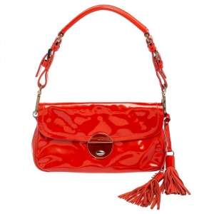 Pre Owned Prada Dark Orange Patent Leather Tassel Baguette Bag