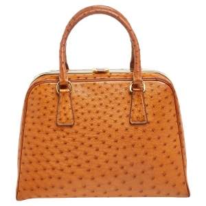 Pre Owned Prada Cognac Ostrich Pyramid Frame Satchel