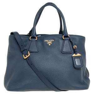Pre Owned Prada Navy Blue Vitello Daino Leather Middle Zip Tote