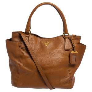 Pre Owned Prada Tan Vitello Daino Leather Side Pocket Tote