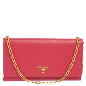 Pre Owned Prada Pink Saffiano Leather Logo Flap Wallet on Chain