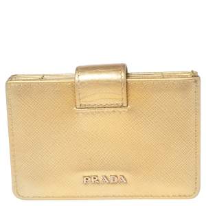 Pre Owned Prada Metallic Gold Saffiano Lux Leather Gusset Card Holder