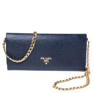 Pre Owned Prada Navy Blue Vitello Move Leather Wallet on Chain