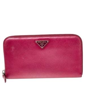 Prada Metallic Pink Saffiano Lux Leather Zip Around Continental Wallet