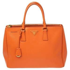 Pre Owned Prada Orange Saffiano Lux Leather Large Double Zip Tote